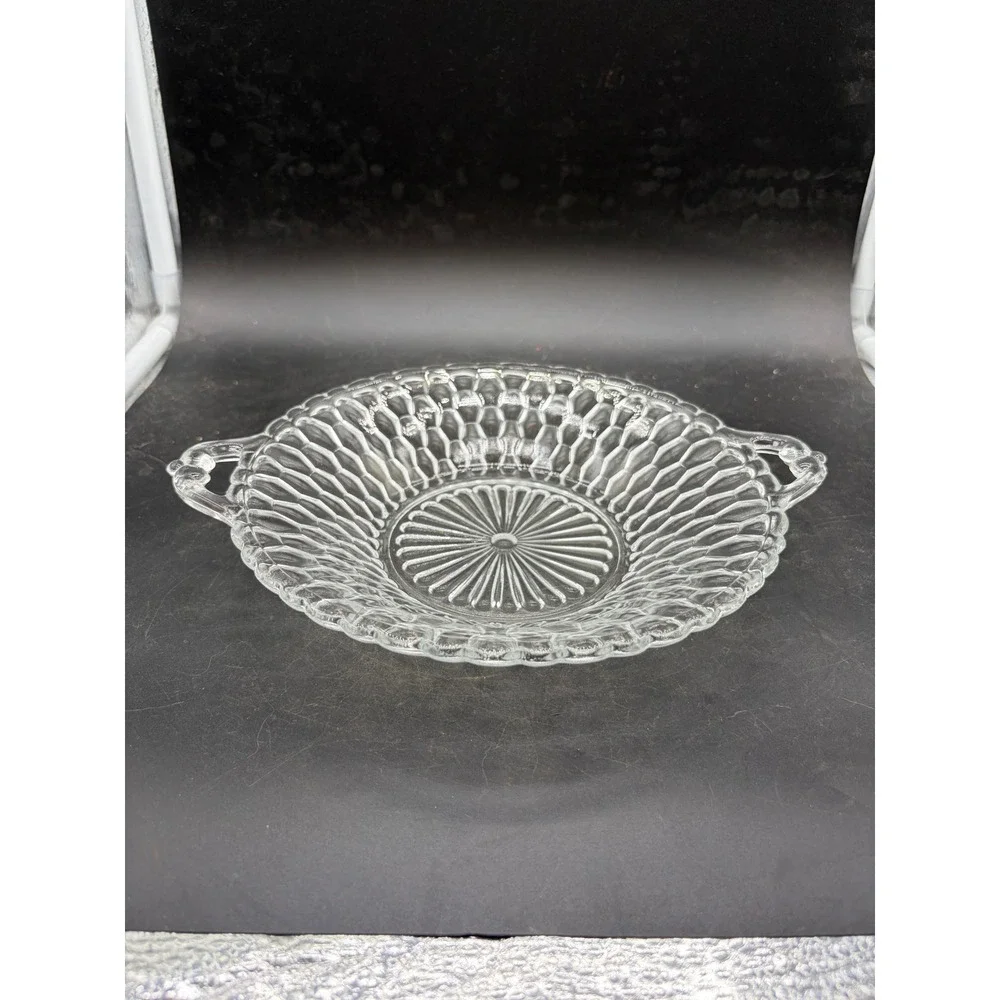 Vintage Clear Pressed Glass Honeycomb Bowl Scalloped Edge Double Handle 11 inch